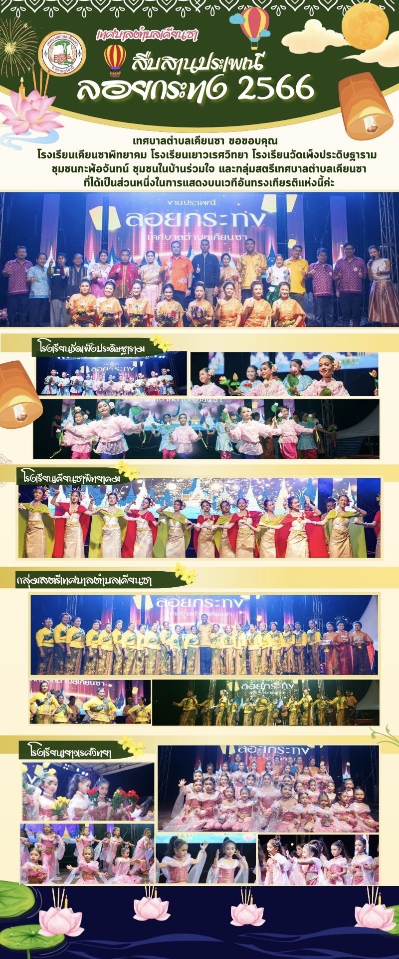 🙏🏻เทศบาลตำบลเคียนซา 🙏🏻  ขอขอบคุณ โรงเรียนเคียนซาพิทยาคม โรงเรียนเยาวเรศวิทยา โรงเรียนวัดเพ็งประดิษฐาราม ชุมชนกะพ้อจันทน์ ชุมชนในบ้านร่วมใจ และกลุ่มสตรีเทศบาลตำบลเคียนซา ที่ได้เป็นส่วนหนึ่งในการแสดงบนเวทีอันทรงเกียรติแห่งนี้ค่ะ